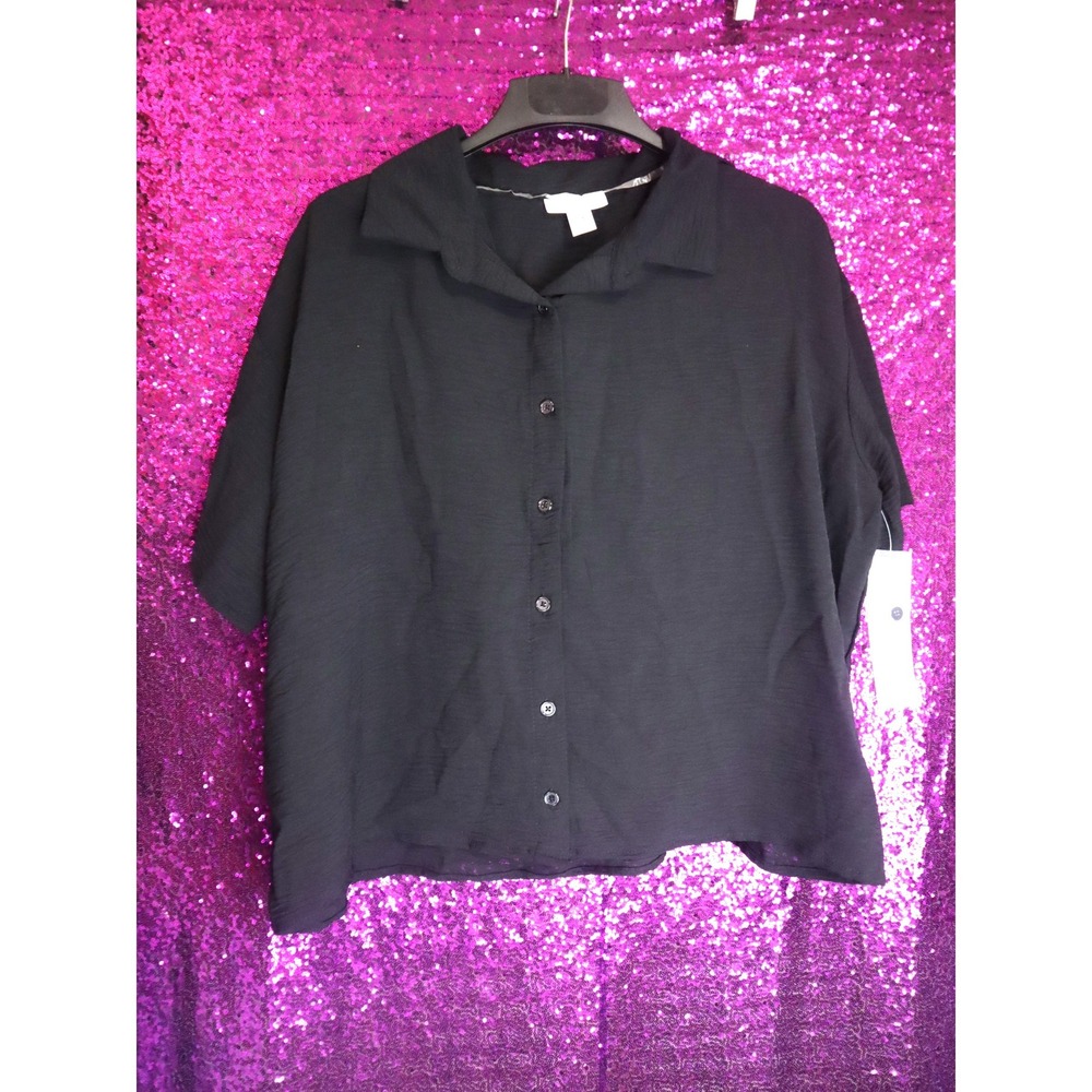 Black Button Down Top Size 1X Just Be Women Short Sleeve Textured Blouse